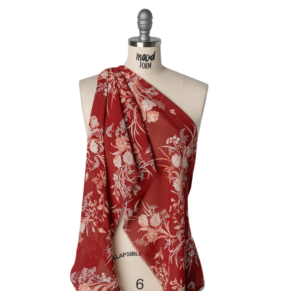 Viscose Georgette Print - Ruby Red, Salmon Pink and Off White Floral - Designer Deadstock - Drape