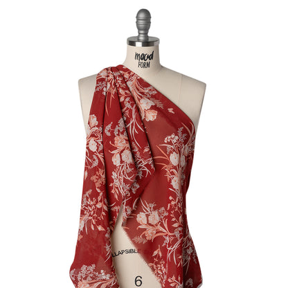Viscose Georgette Print - Ruby Red, Salmon Pink and Off White Floral - Designer Deadstock