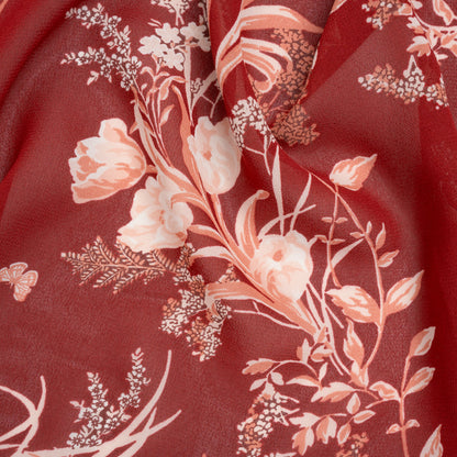 Viscose Georgette Print - Ruby Red, Salmon Pink and Off White Floral - Designer Deadstock