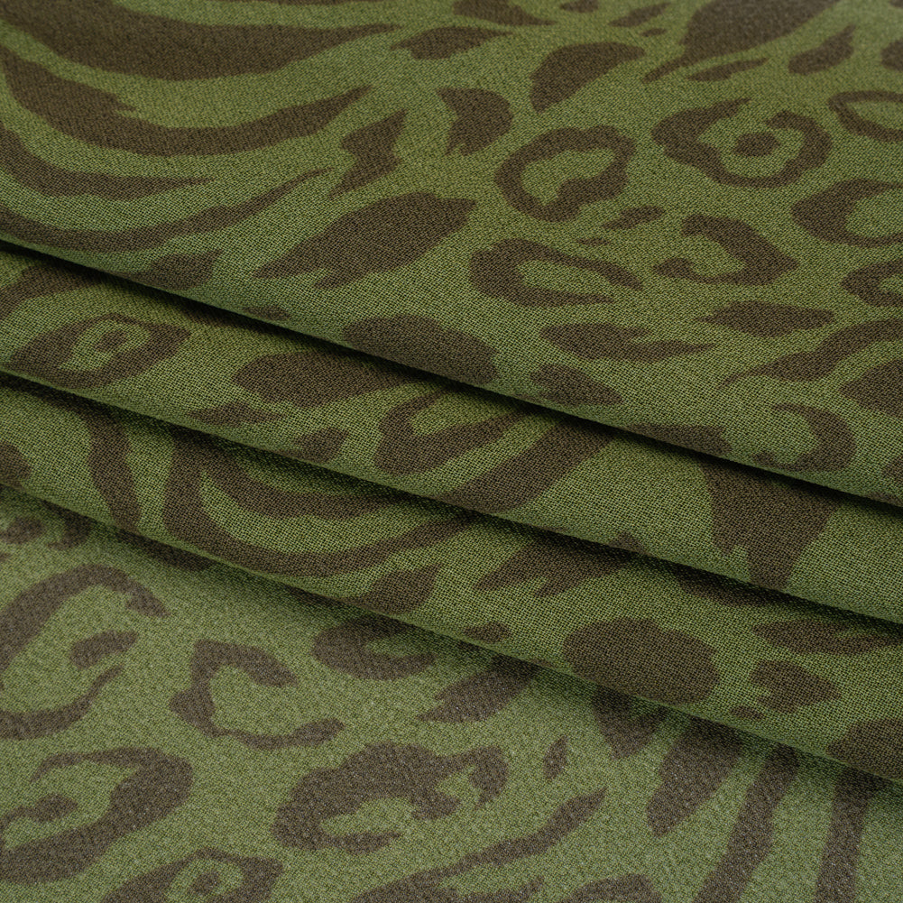 Viscose Georgette Print - Espresso Brown and Jungle Green Abstract Leopard Spots and Zebra Stripes - Designer Deadstock - Folded