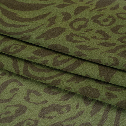 Viscose Georgette Print - Espresso Brown and Jungle Green Abstract Leopard Spots and Zebra Stripes - Designer Deadstock