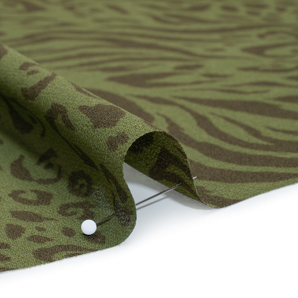 Viscose Georgette Print - Espresso Brown and Jungle Green Abstract Leopard Spots and Zebra Stripes - Designer Deadstock - Detail