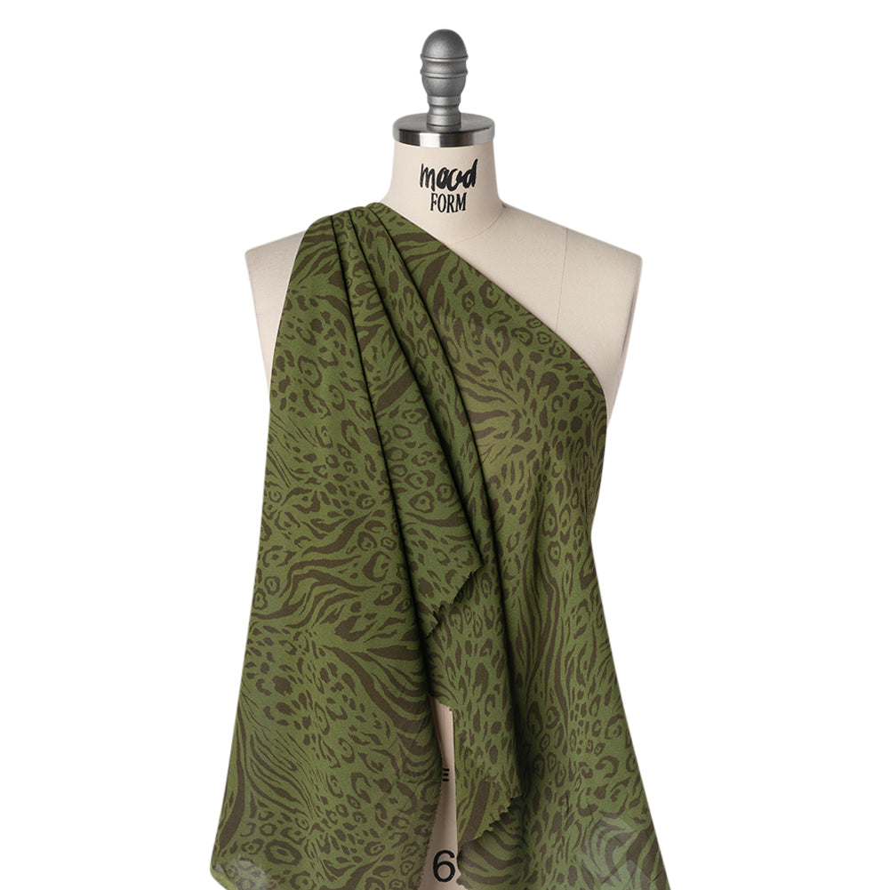 Viscose Georgette Print - Espresso Brown and Jungle Green Abstract Leopard Spots and Zebra Stripes - Designer Deadstock - Drape