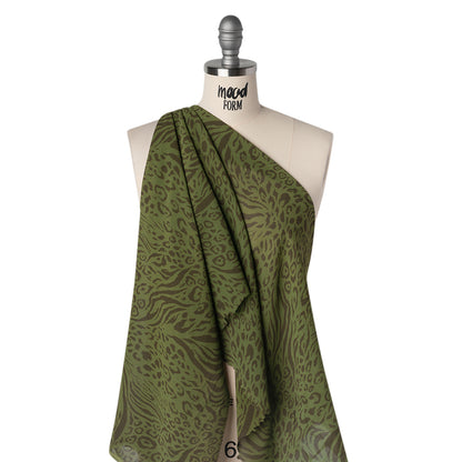 Viscose Georgette Print - Espresso Brown and Jungle Green Abstract Leopard Spots and Zebra Stripes - Designer Deadstock