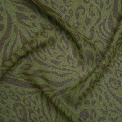 Viscose Georgette Print - Espresso Brown and Jungle Green Abstract Leopard Spots and Zebra Stripes - Designer Deadstock
