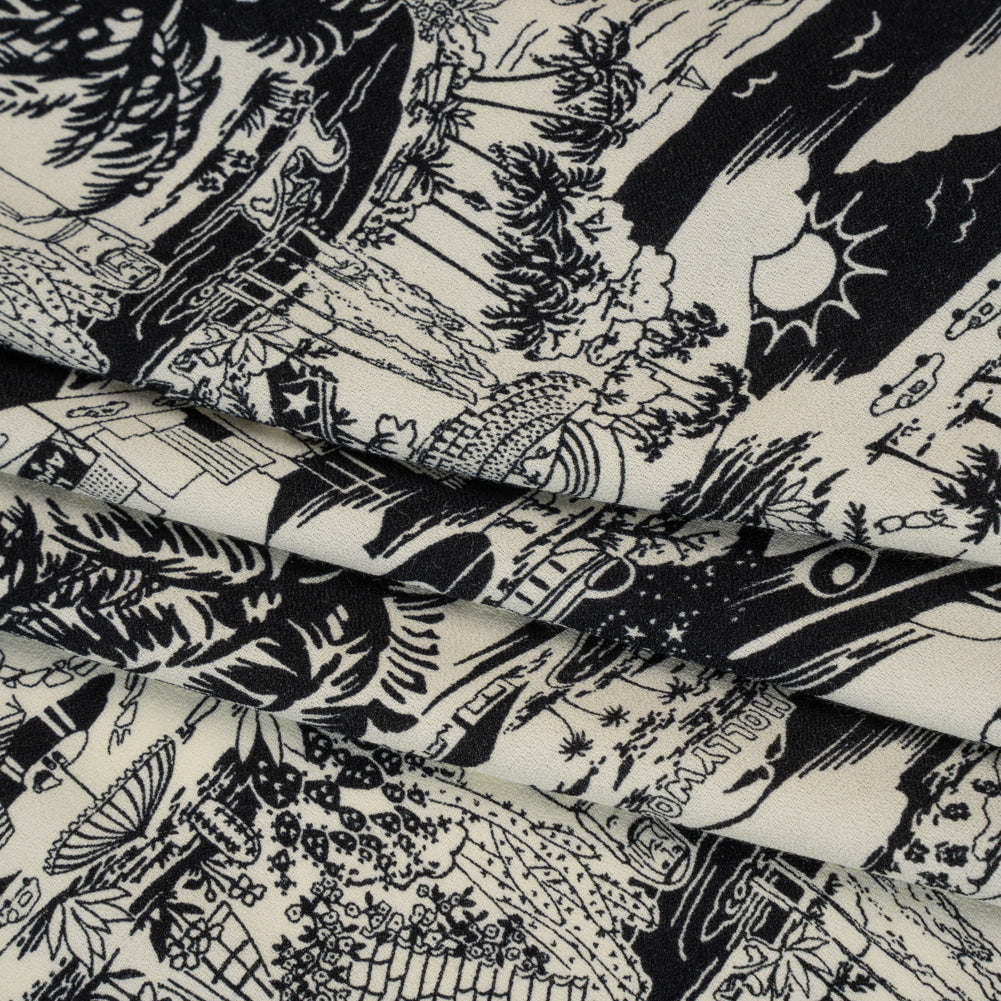 Sustainable Viscose Crepe Print - Black and White Los Angeles Landmarks Illustration - Designer Deadstock - Folded