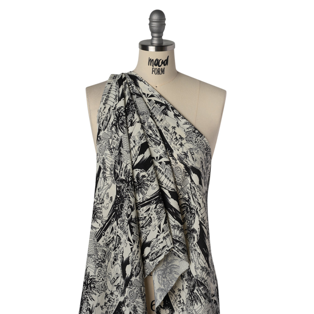 Sustainable Viscose Crepe Print - Black and White Los Angeles Landmarks Illustration - Designer Deadstock - Drape