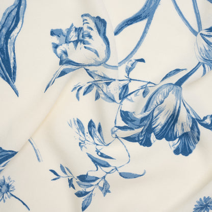 Sustainable Viscose Crepe Print - Denim Blue and White Large Tulip Floral - Designer Deadstock