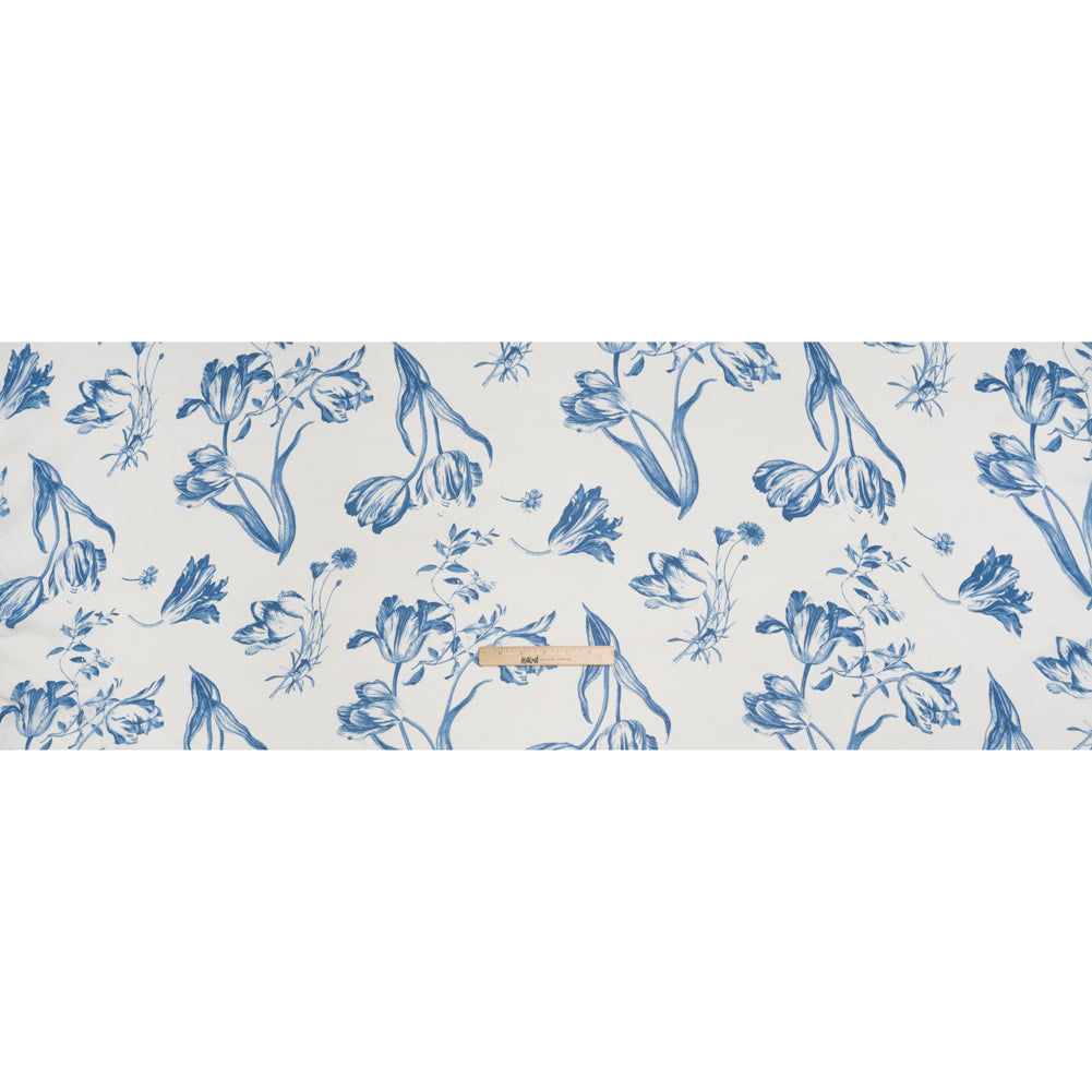 Viscose Georgette Print - Denim Blue and Cream Bold Tulip Floral - Designer Deadstock - Full