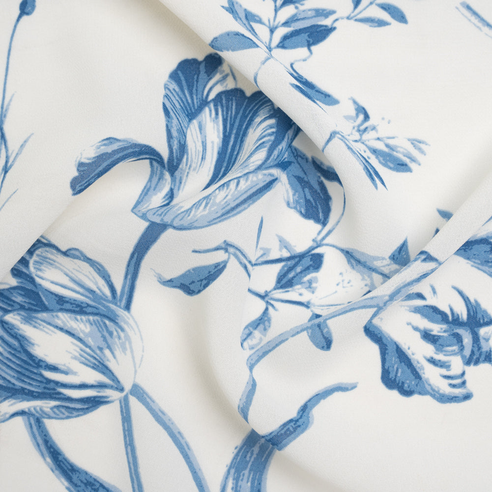 Viscose Georgette Print - Denim Blue and Cream Bold Tulip Floral - Designer Deadstock