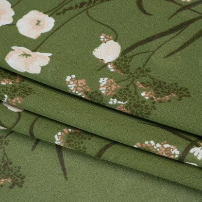 Viscose Georgette Print - Creamy Pink and Fern Green Wildflower Floral - Designer Deadstock