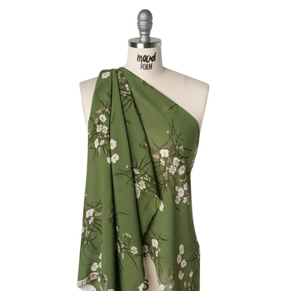 Viscose Georgette Print - Creamy Pink and Fern Green Wildflower Floral - Designer Deadstock