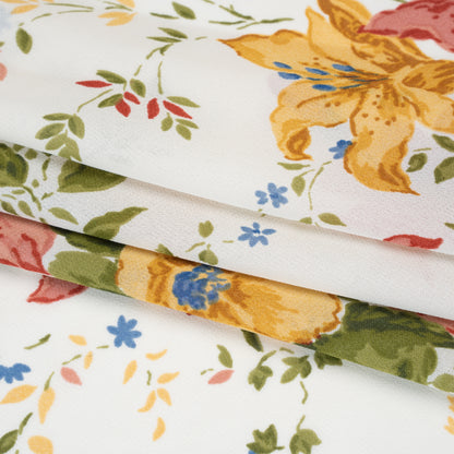 Viscose Georgette Print - Marigold Yellow, Salmon Pink and Sapphire Blue Floral - Designer Deadstock
