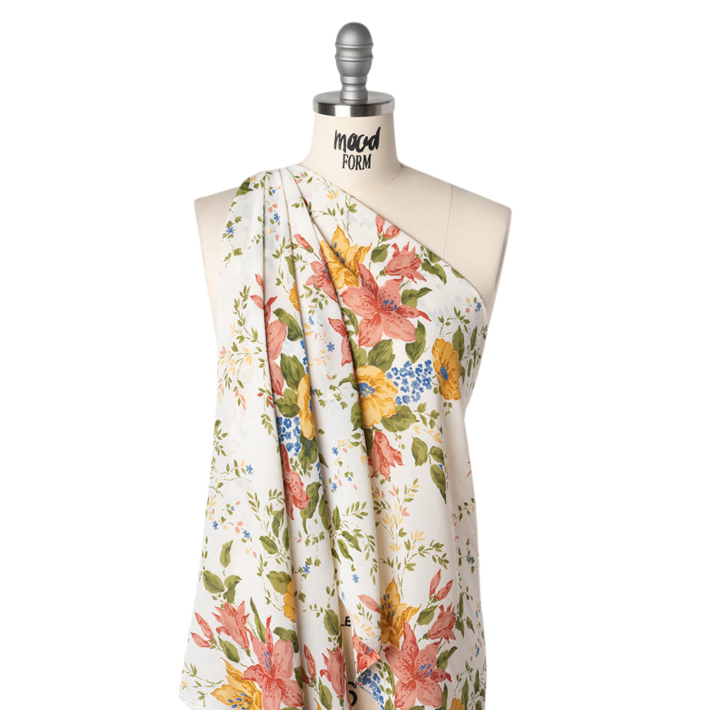 Viscose Georgette Print - Marigold Yellow, Salmon Pink and Sapphire Blue Floral - Designer Deadstock - Drape