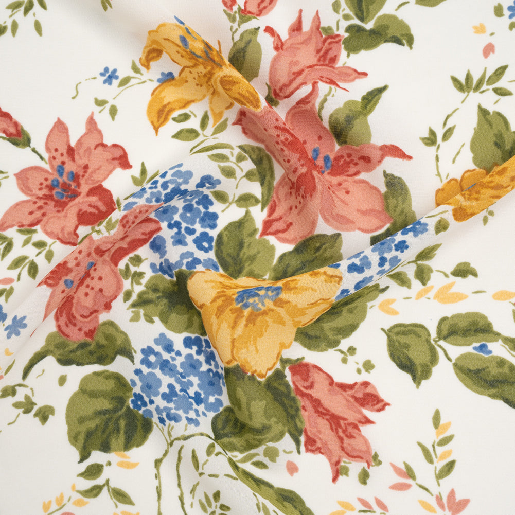 Viscose Georgette Print - Marigold Yellow, Salmon Pink and Sapphire Blue Floral - Designer Deadstock