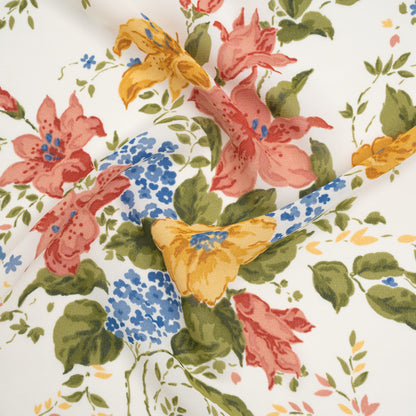 Viscose Georgette Print - Marigold Yellow, Salmon Pink and Sapphire Blue Floral - Designer Deadstock