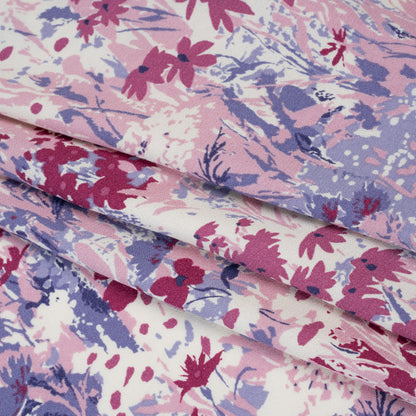Sustainable Viscose Crepe Print - Blush Pink, Burgundy Red and Lilac Purple Painterly Abstract Floral - Designer Deadstock