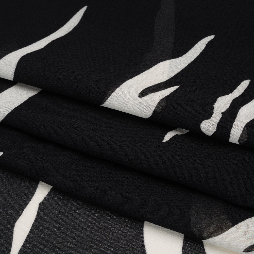 Viscose Georgette Print - Black and Off White Abstract Zebra Stripes - Designer Deadstock - Folded
