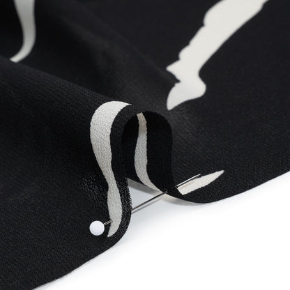 Viscose Georgette Print - Black and Off White Abstract Zebra Stripes - Designer Deadstock