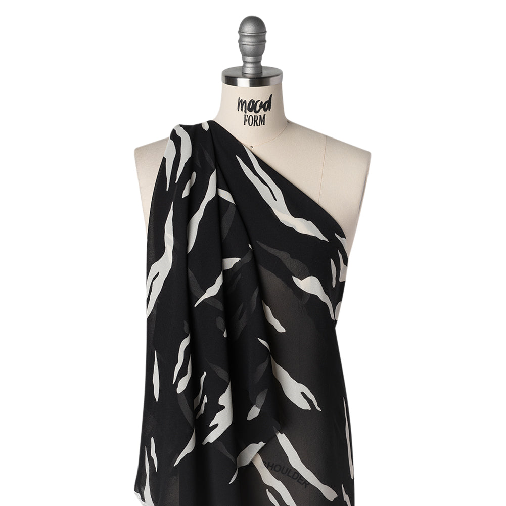 Viscose Georgette Print - Black and Off White Abstract Zebra Stripes - Designer Deadstock - Drape