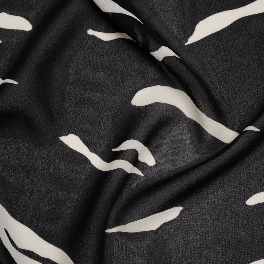 Viscose Georgette Print - Black and Off White Abstract Zebra Stripes - Designer Deadstock