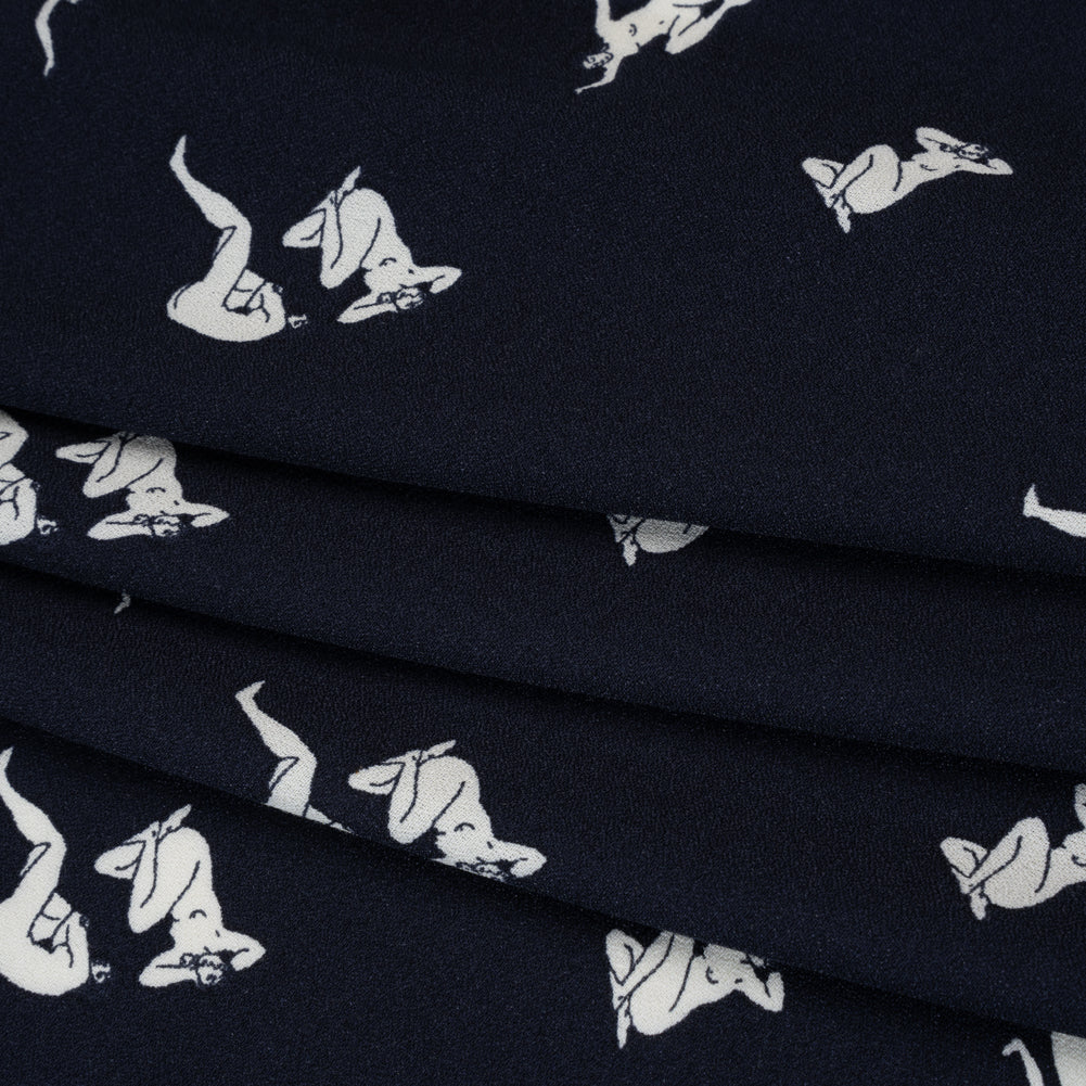 Sustainable Viscose Crepe Print - Dark Navy and White Human Figures Illustration - Designer Deadstock - Folded