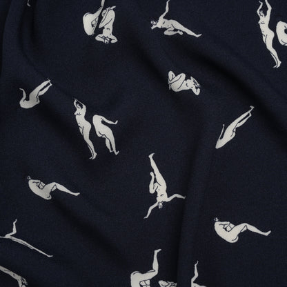 Sustainable Viscose Crepe Print - Dark Navy and White Human Figures Illustration - Designer Deadstock
