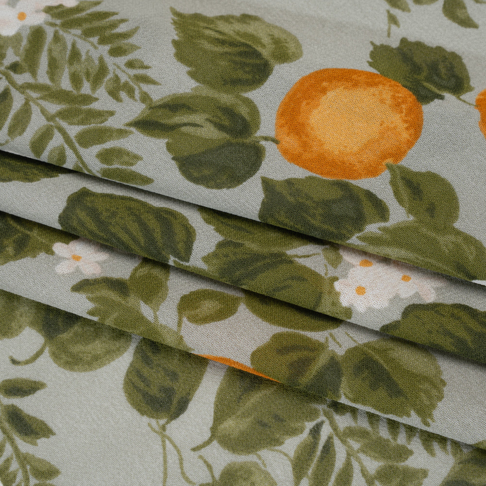 Viscose Georgette Print - Dark Orange, Sage Green and White Floral and Oranges - Designer Deadstock - Folded