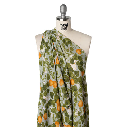 Viscose Georgette Print - Dark Orange, Sage Green and White Floral and Oranges - Designer Deadstock