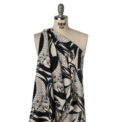 Sustainable Viscose Crepe Print - Black and White Greek Goddess Illustration - Designer Deadstock