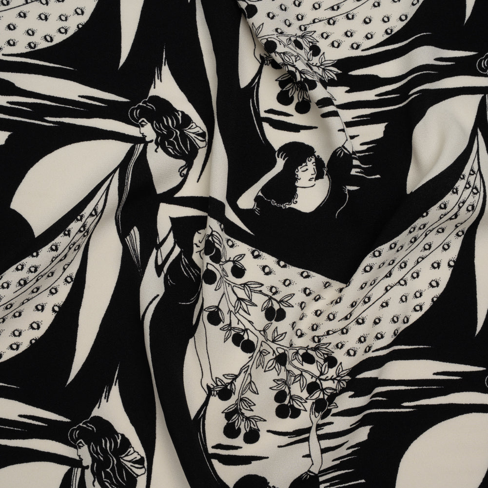 Sustainable Viscose Crepe Print - Black and White Greek Goddess Illustration - Designer Deadstock