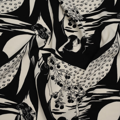 Sustainable Viscose Crepe Print - Black and White Greek Goddess Illustration - Designer Deadstock