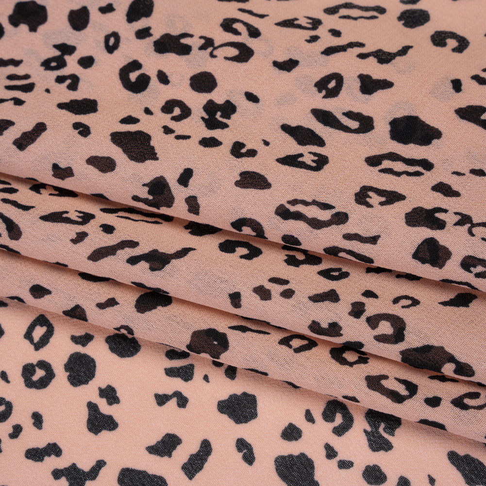 Viscose Georgette Print - Apricot Pink and Black Leopard Spots - Designer Deadstock - Folded