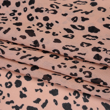 Viscose Georgette Print - Apricot Pink and Black Leopard Spots - Designer Deadstock