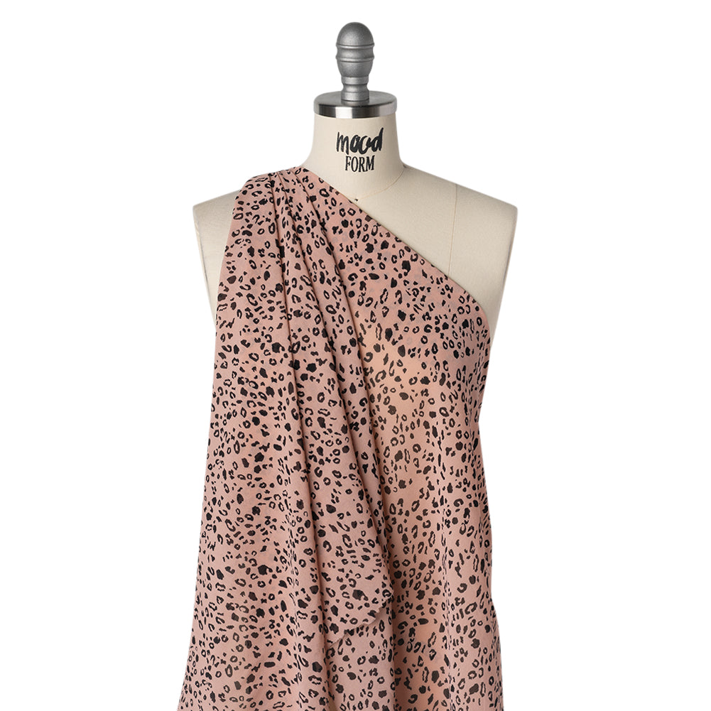 Viscose Georgette Print - Apricot Pink and Black Leopard Spots - Designer Deadstock - Drape
