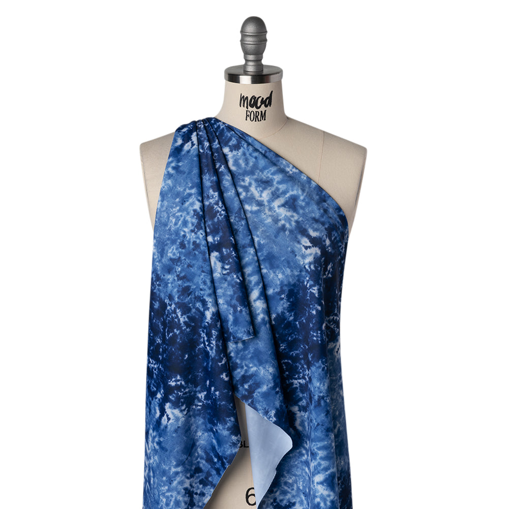 Stretch Econyl Nylon Jersey Print - Deep Sea Blue Tie Dye - Designer Deadstock - Drape