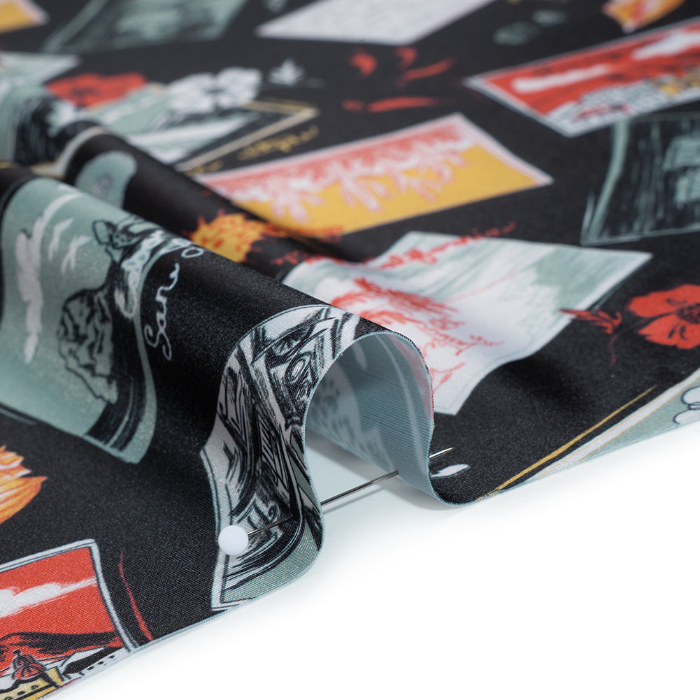 Stretch Econyl Nylon Jersey Print - Love Red, Jade Green and Black Postcard Illustration - Designer Deadstock - Detail
