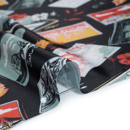 Stretch Econyl Nylon Jersey Print - Love Red, Jade Green and Black Postcard Illustration - Designer Deadstock