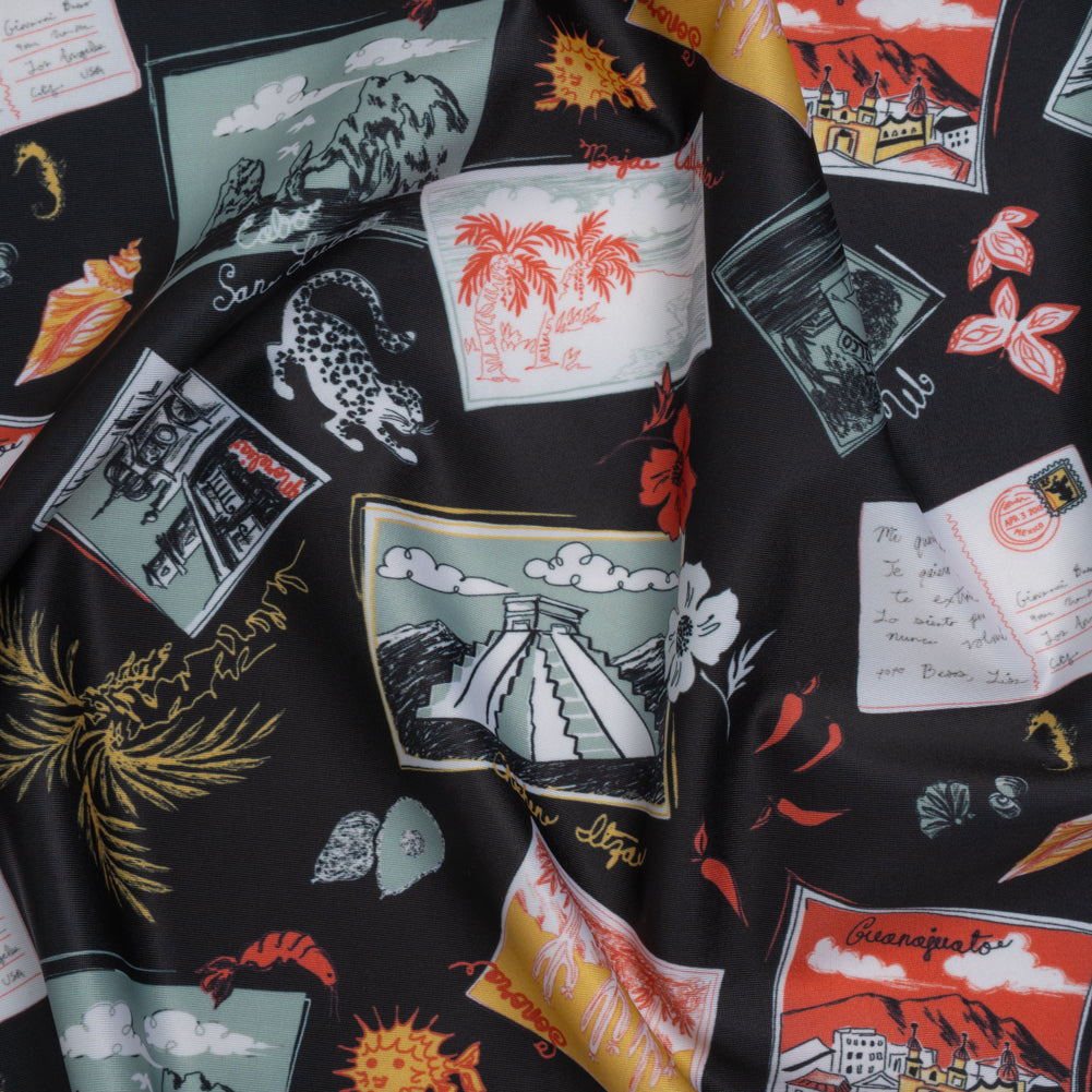 Stretch Econyl Nylon Jersey Print - Love Red, Jade Green and Black Postcard Illustration - Designer Deadstock