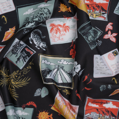 Stretch Econyl Nylon Jersey Print - Love Red, Jade Green and Black Postcard Illustration - Designer Deadstock