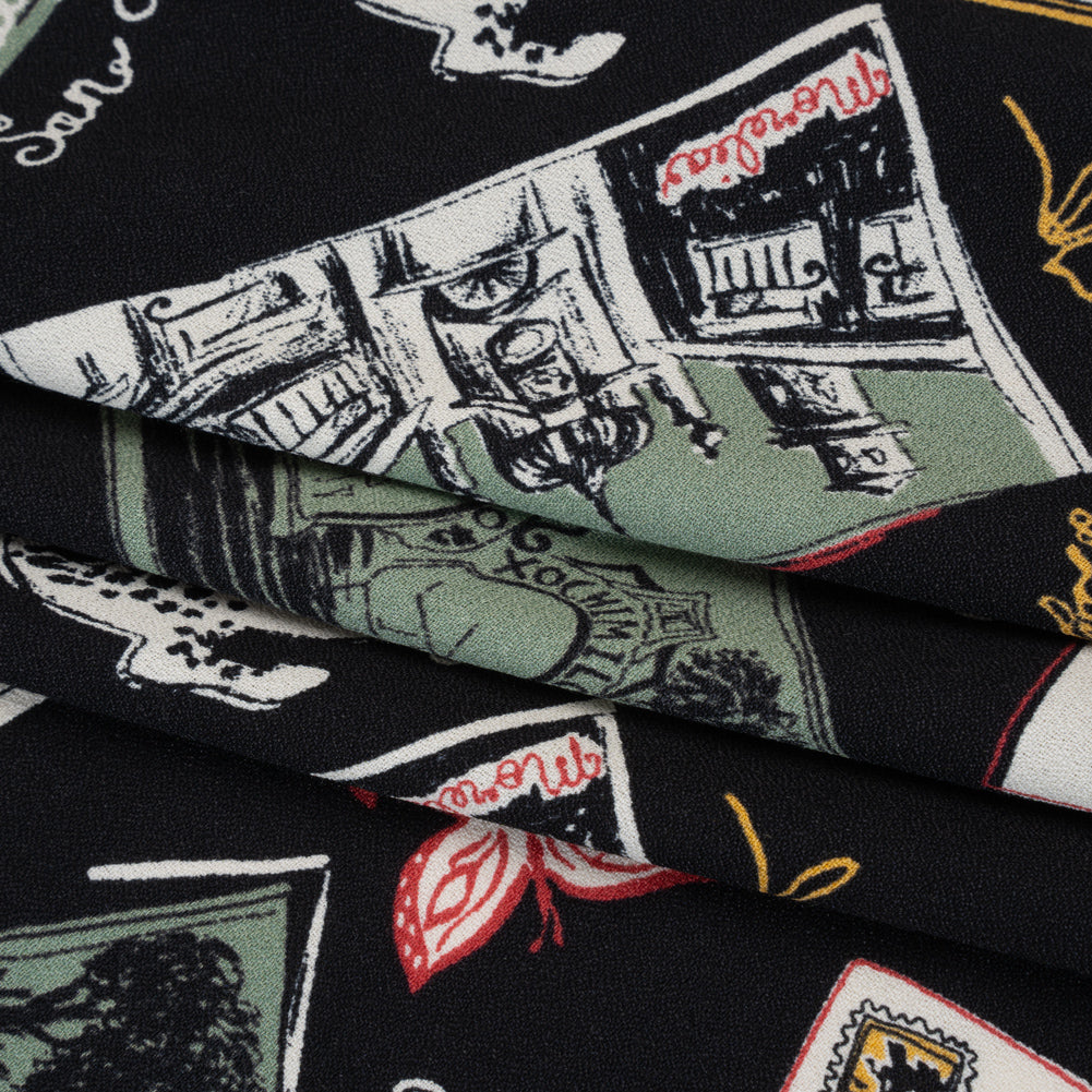 Sustainable Viscose Crepe Print - Sage Green, Crimson Red and Black Postcards Illustration - Designer Deadstock - Folded