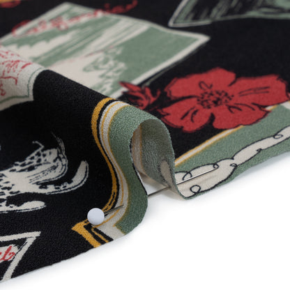 Sustainable Viscose Crepe Print - Sage Green, Crimson Red and Black Postcards Illustration - Designer Deadstock