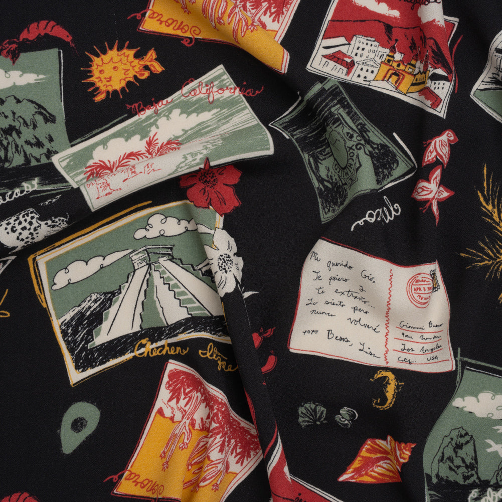 Sustainable Viscose Crepe Print - Sage Green, Crimson Red and Black Postcards Illustration - Designer Deadstock