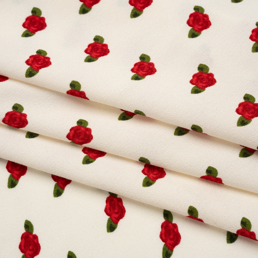 Sustainable Viscose Crepe Print - Ruby Red and Cream Rose Floral - Designer Deadstock - Folded