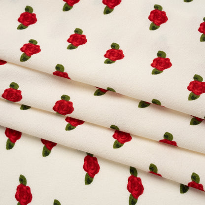 Sustainable Viscose Crepe Print - Ruby Red and Cream Rose Floral - Designer Deadstock
