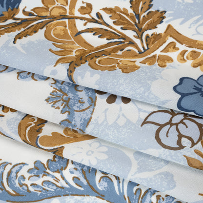 Viscose Georgette Print - Antique Gold, Marble Blue and Off White Floral Damask - Designer Deadstock