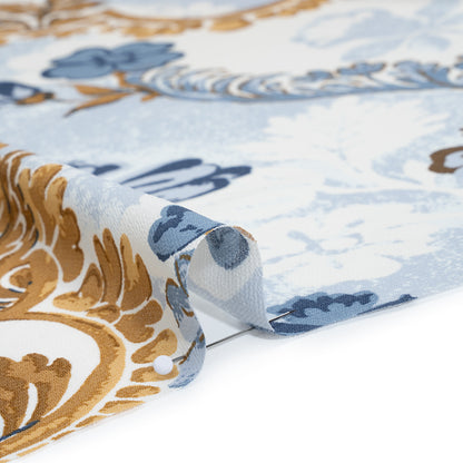 Viscose Georgette Print - Antique Gold, Marble Blue and Off White Floral Damask - Designer Deadstock