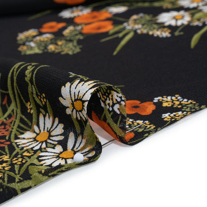 Viscose Georgette Print - Terracotta Orange, Black and Moss Green Wildflower Floral - Designer Deadstock