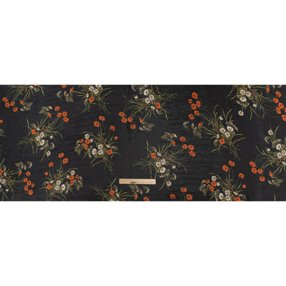 Viscose Georgette Print - Terracotta Orange, Black and Moss Green Wildflower Floral - Designer Deadstock