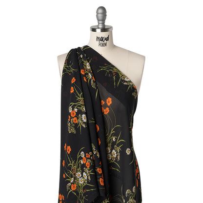Viscose Georgette Print - Terracotta Orange, Black and Moss Green Wildflower Floral - Designer Deadstock
